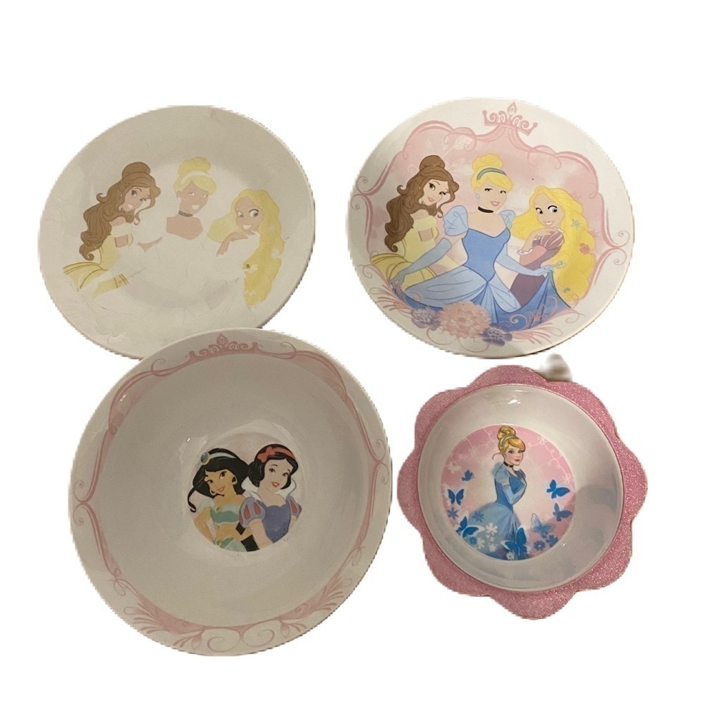 Disney Princess Plate Bowl Bundle Ceramic & Plastic Cinderella Belle Rapunzel